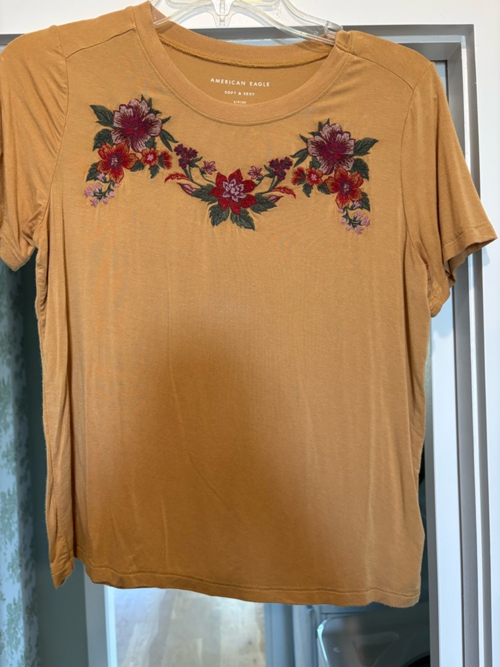American Eagle Outfitters Mustard Floral Embroidered Short Sleeve Tee
